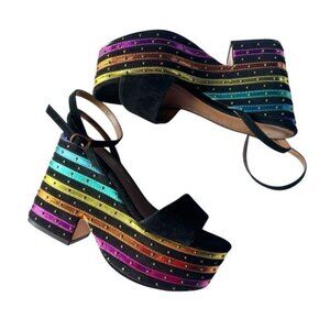 Kurt Geiger Women's Sz 35  Shoreditch Platform Wedge Sandals Rainbow Stripe Lthr